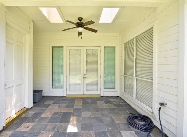 an entrance view of a house with an outdoor space