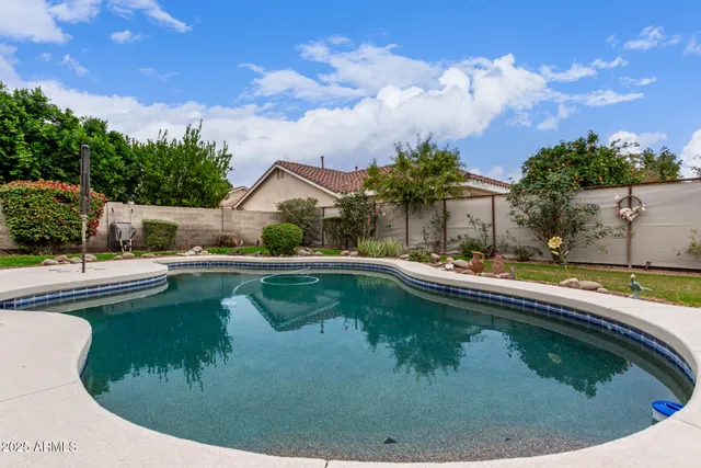a view of a swimming pool with a garden