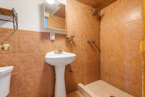a bathroom with a sink a toilet and shower