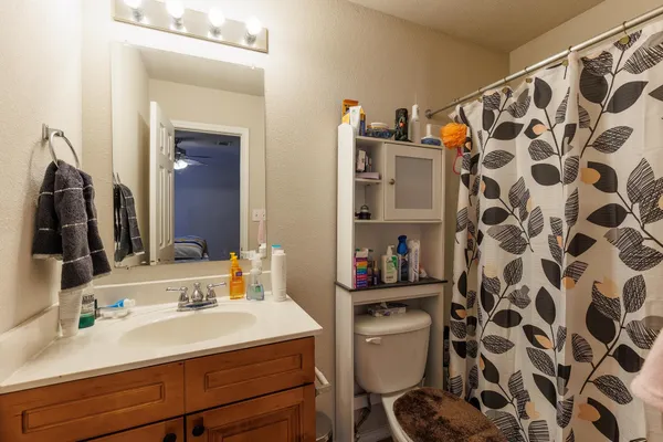 a bathroom with a sink toilet and shower