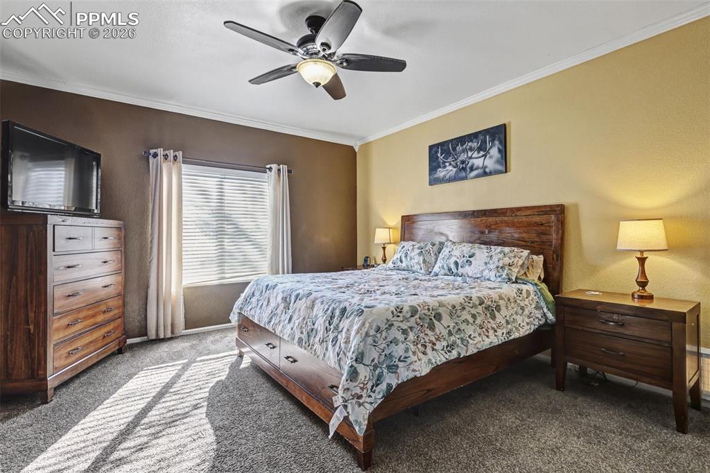 7858 Chasewood Loop Colorado Springs, CO 80908 - Photo 15 of 40 a bedroom with a bed and a tv on the dresser