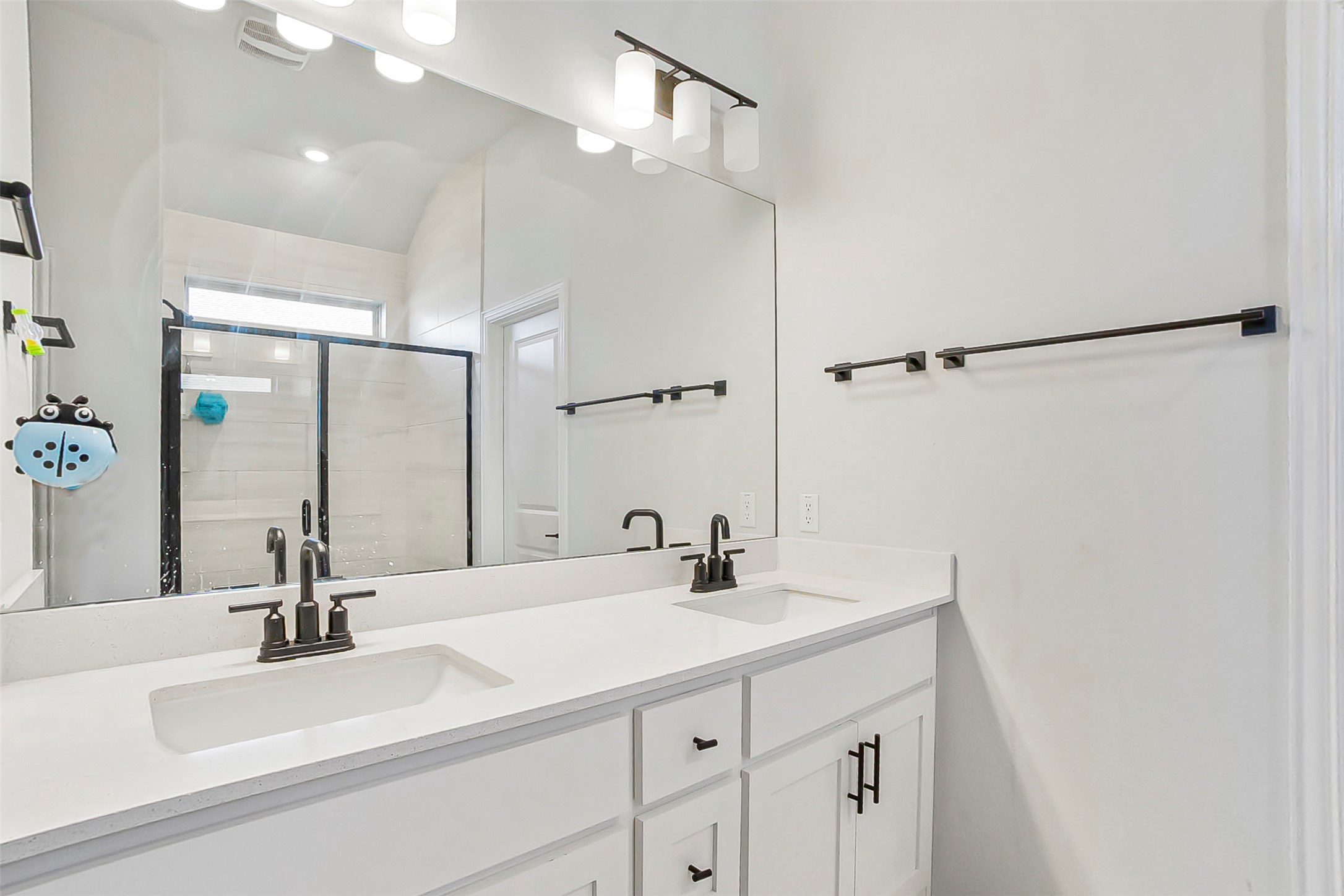 1016 Calendula Trail Georgetown, TX 78628 - Photo 17 of 40 Bathroom with double vanity, a shower stall, and lofted ceiling
