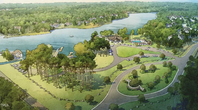 a view of a lake with sitting area