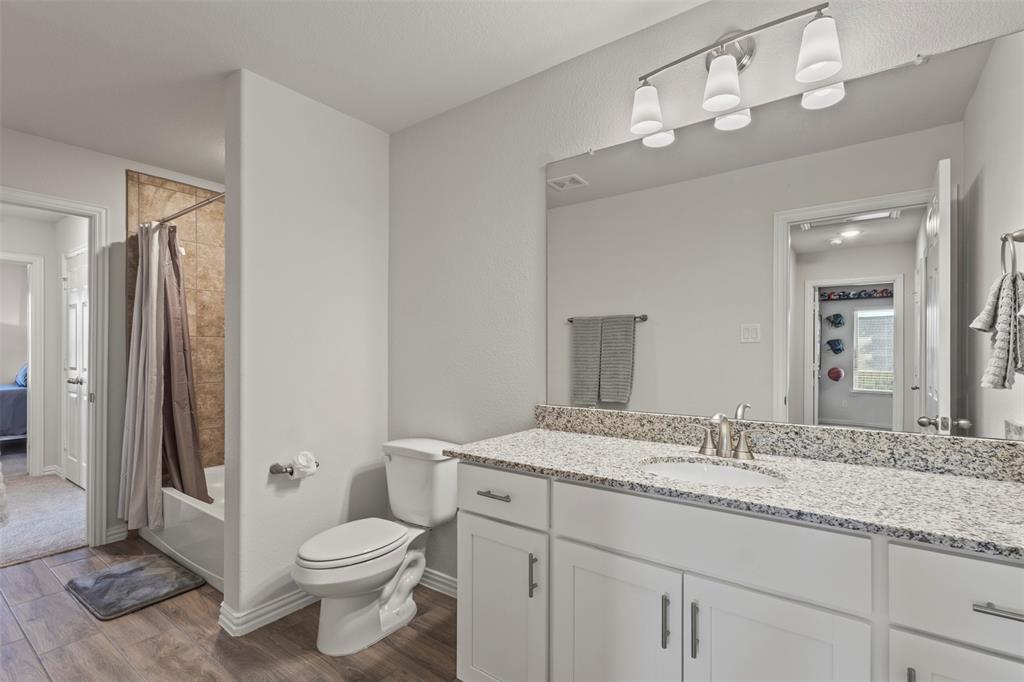 551 Ruthye Lane Pilot Point, TX 76258 - Photo 29 of 40 a bathroom with a granite countertop toilet sink and mirror