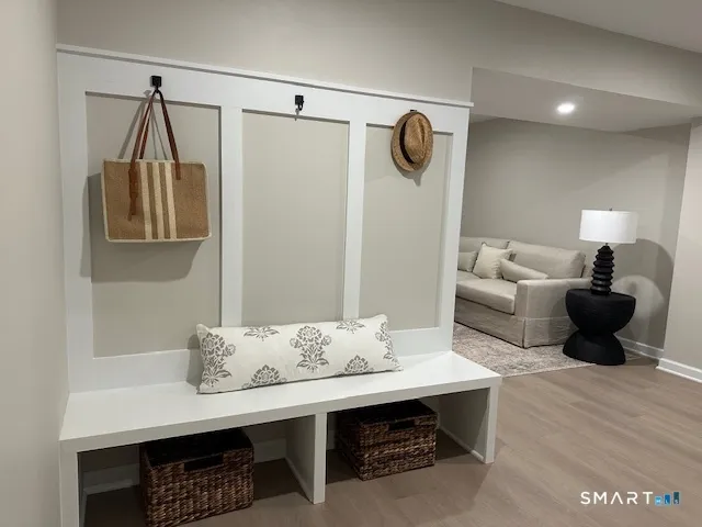 a living room with furniture and a table