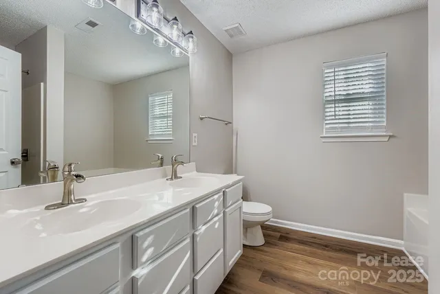 a bathroom with a sink a toilet and a mirror