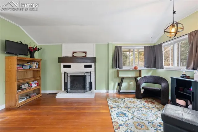 a bedroom with furniture and a fireplace