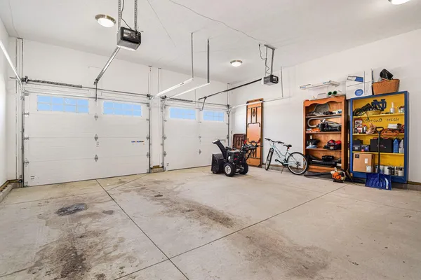 a view of a garage with storage