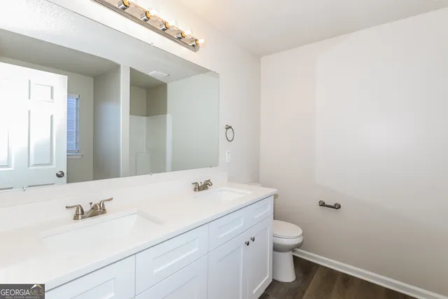 a bathroom with a sink a toilet and a mirror