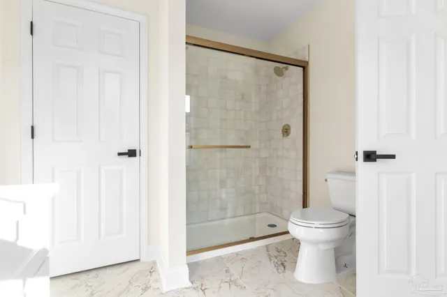 a bathroom with a shower and a toilet