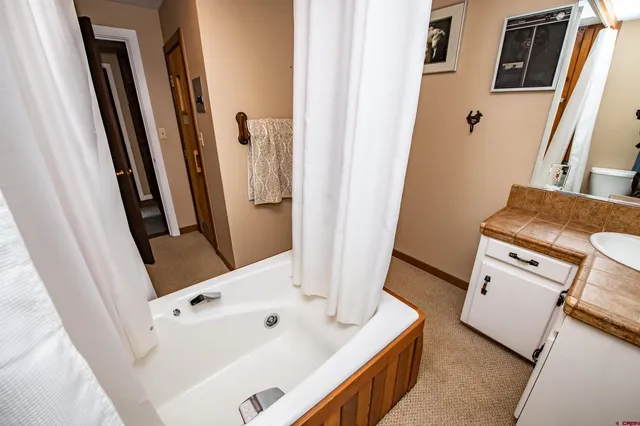a bathroom with a sink mirror and shower