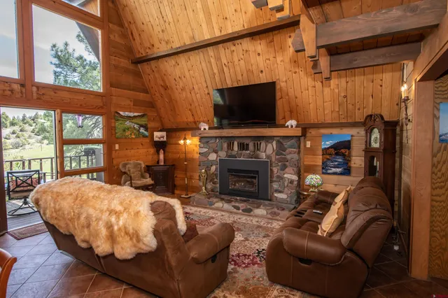 a living room with furniture a flat screen tv and a fireplace