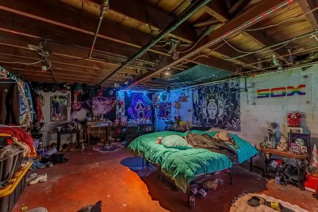 a view of a kids room with a lot of flower plants and large trees