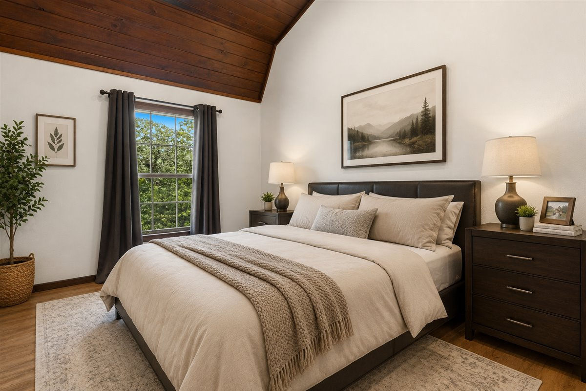 1705 Makinson Road West Point, TX 78963 - Photo 18 of 40 Natural light filters into this bedroom, featuring a warm wood vaulted ceiling and light wood floors.
