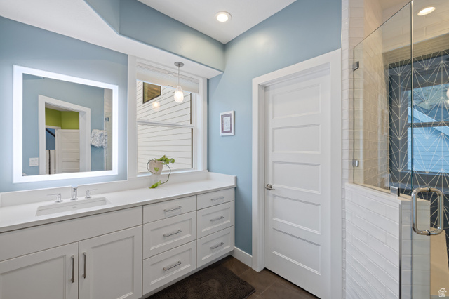 1263 Chapman Court Alpine, UT 84004 - Photo 71 of 83 Full bathroom featuring a stall shower, vanity, dark tile patterned floors, and recessed lighting