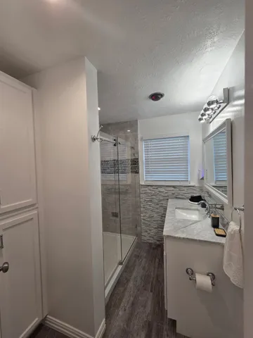 a bathroom with a sink mirror and shower