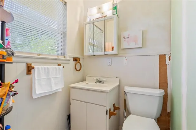 a bathroom with a toilet sink and mirror
