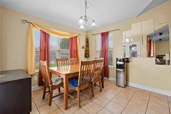 a view of a dining room with furniture window and outside view