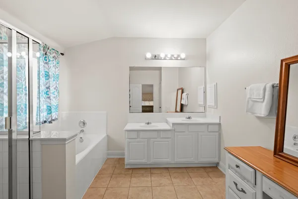 a bathroom with a sink a large mirror and a bathtub