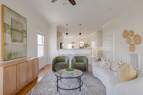 a living room with furniture and a potted plant