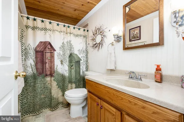 a bathroom with a sink a toilet and shower curtain