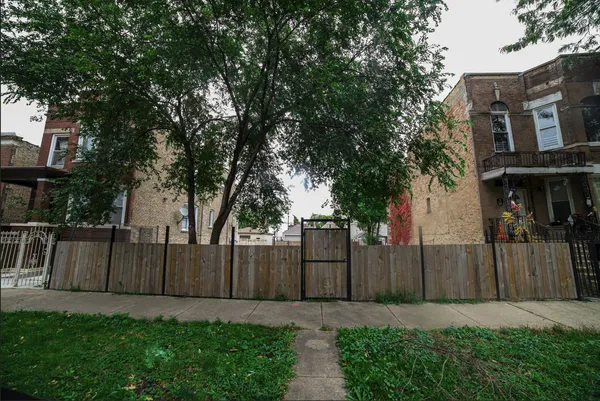 a view of backyard with wooden fence and a large tree