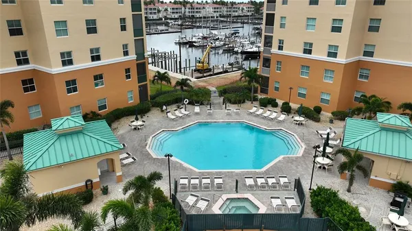 an aerial view of a swimming pool