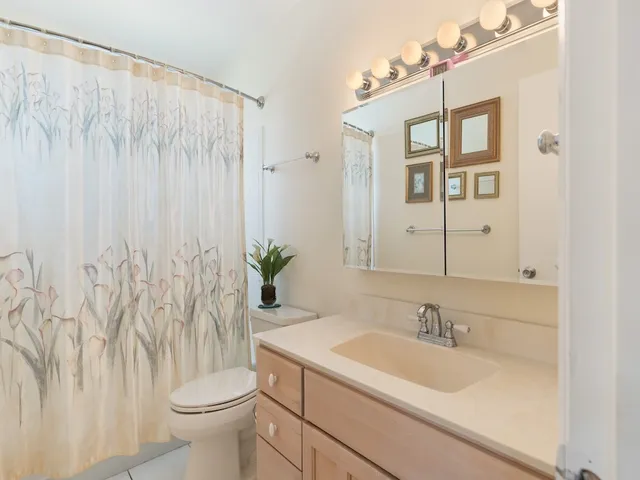 a bathroom with a granite countertop sink and a toilet