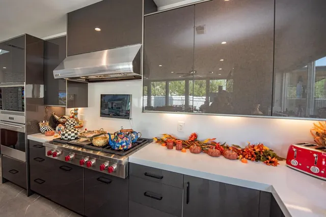 a kitchen view of a stove