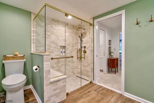 a bathroom with a toilet and a shower