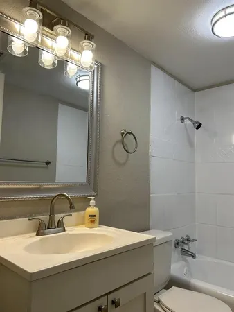 a bathroom with a sink a toilet and a mirror