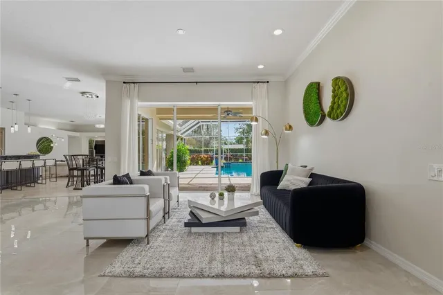 a view of a dining room with furniture window and outside view