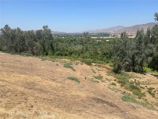 a view of a yard with a mountain