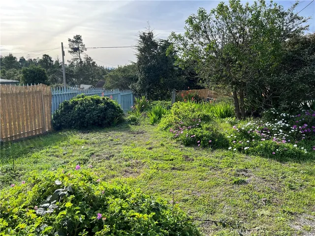a view of a small house with backyard