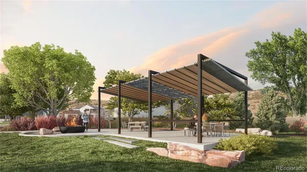 a view of a garden with a slide