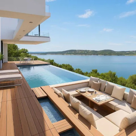 a view of a lake with houses in the back