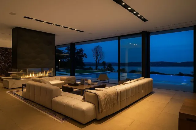 a view of a field with an ocean view