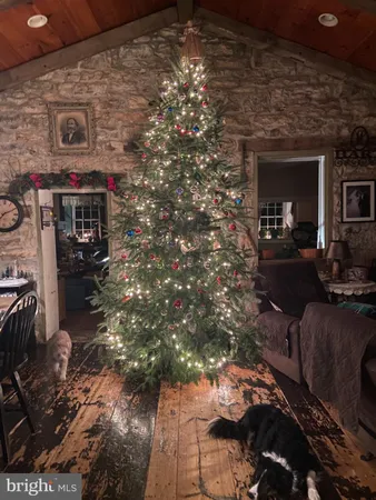 a living room with furniture pool table and a fireplace