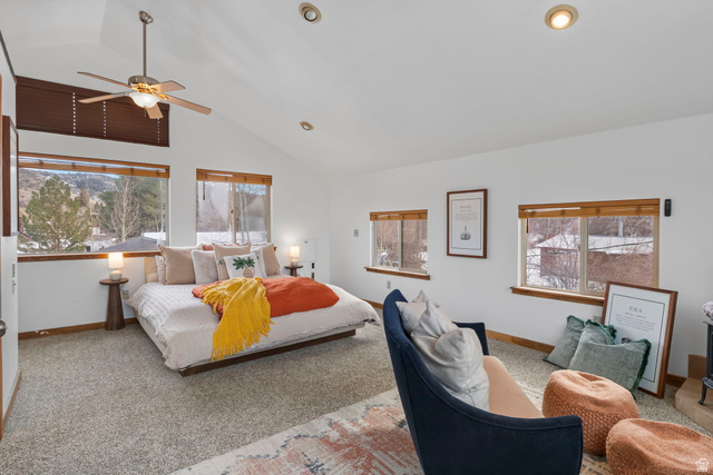 2189 Samak Park Loop, Unit 43 Kamas, UT 84036 - Photo 21 of 48 Carpeted bedroom with multiple windows, high vaulted ceiling, and ceiling fan