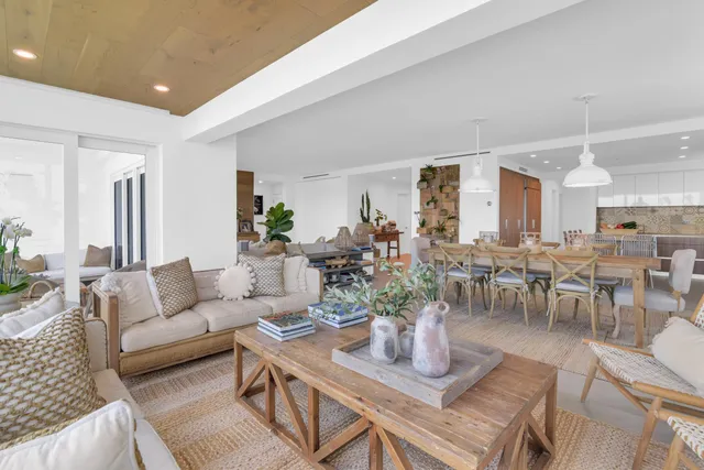 a living room with furniture potted plant and kitchen view