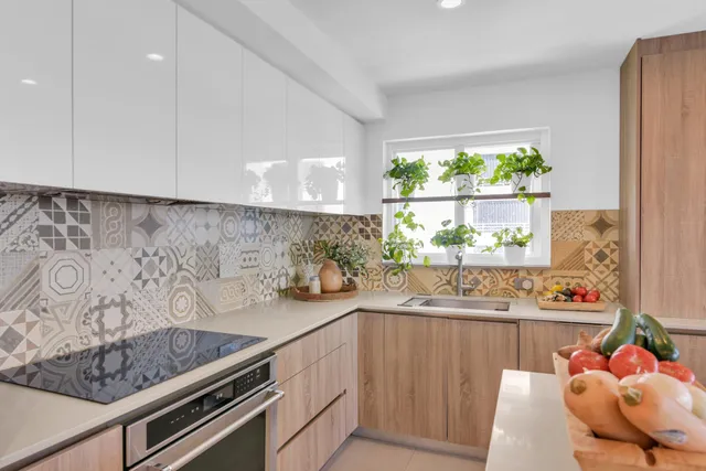 a view of a kitchen with a window
