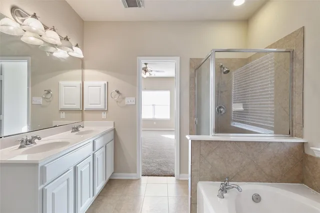 a bathroom with a double vanity sink mirror and shower