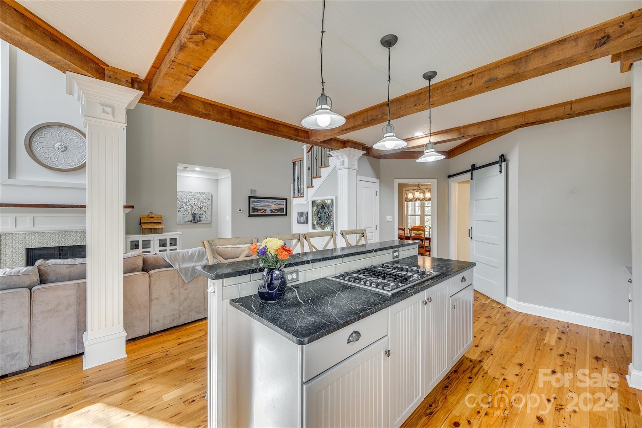10621 Hanging Moss Trail Charlotte, NC 28227 - Photo 14 of 47 a kitchen with a stove a sink dishwasher a fireplace with wooden cabinets and floor to ceiling window