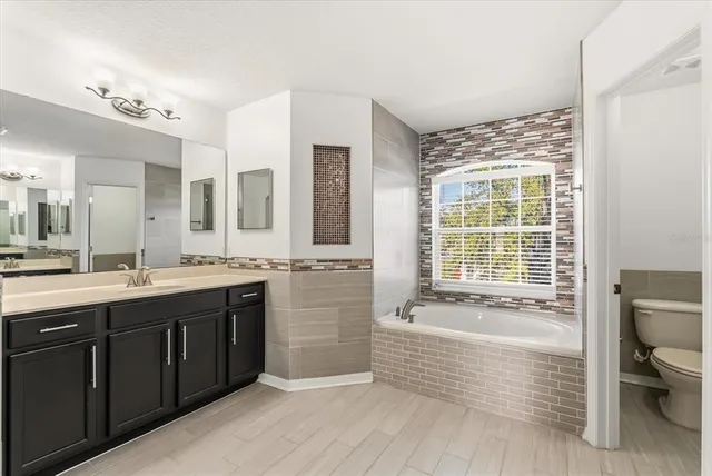 a bathroom with a granite countertop sink mirror and a bathtub