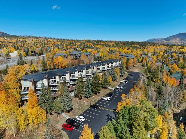 an aerial view of houses with a lake