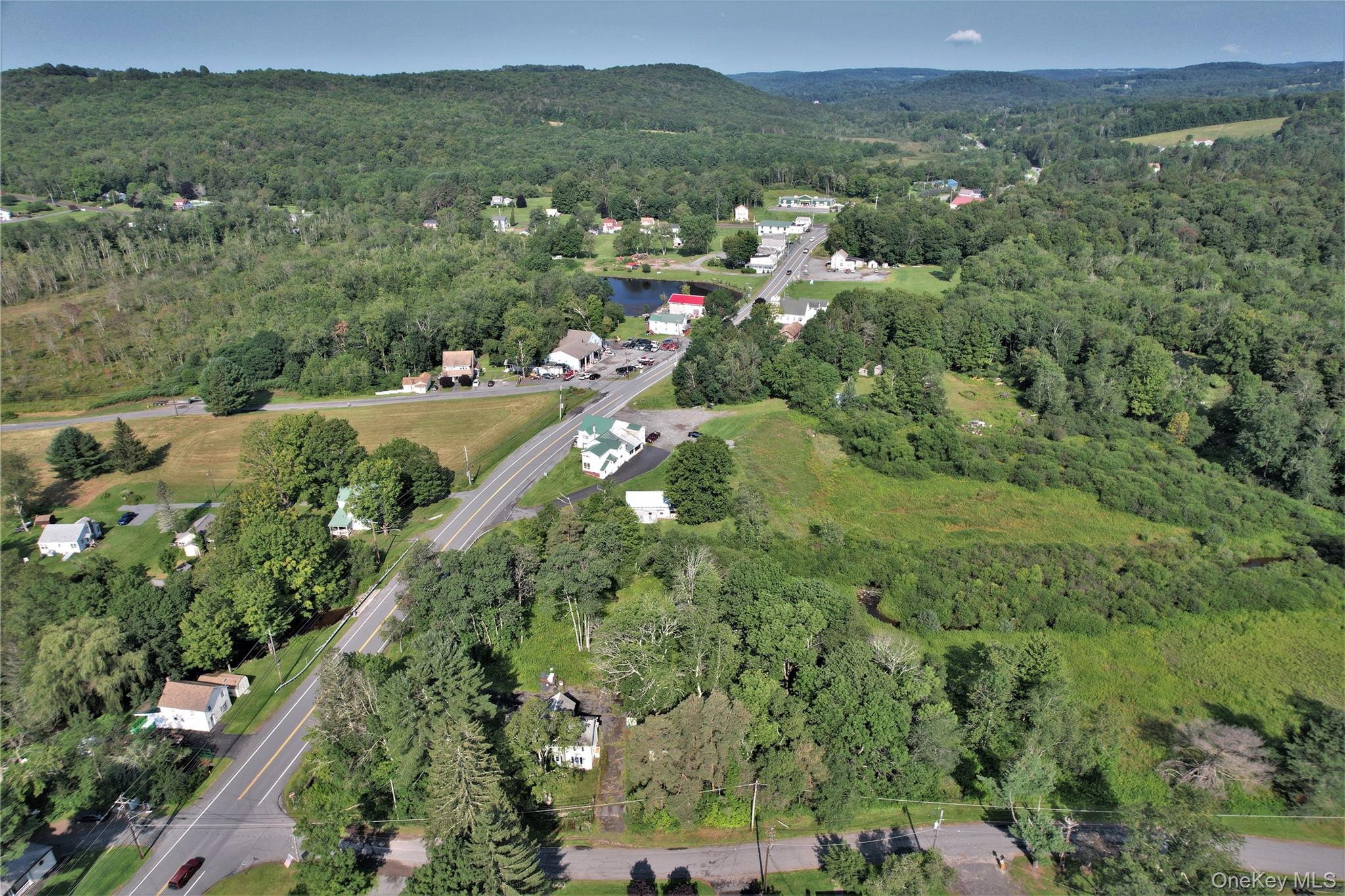 Aerial view of property and surrounding area with a forest