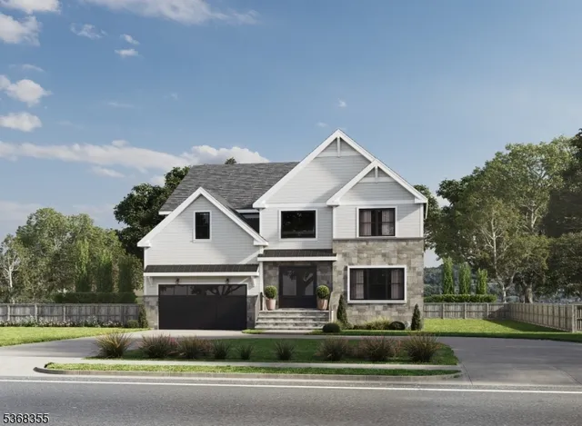 a view of a big house in a big yard with plants and large trees