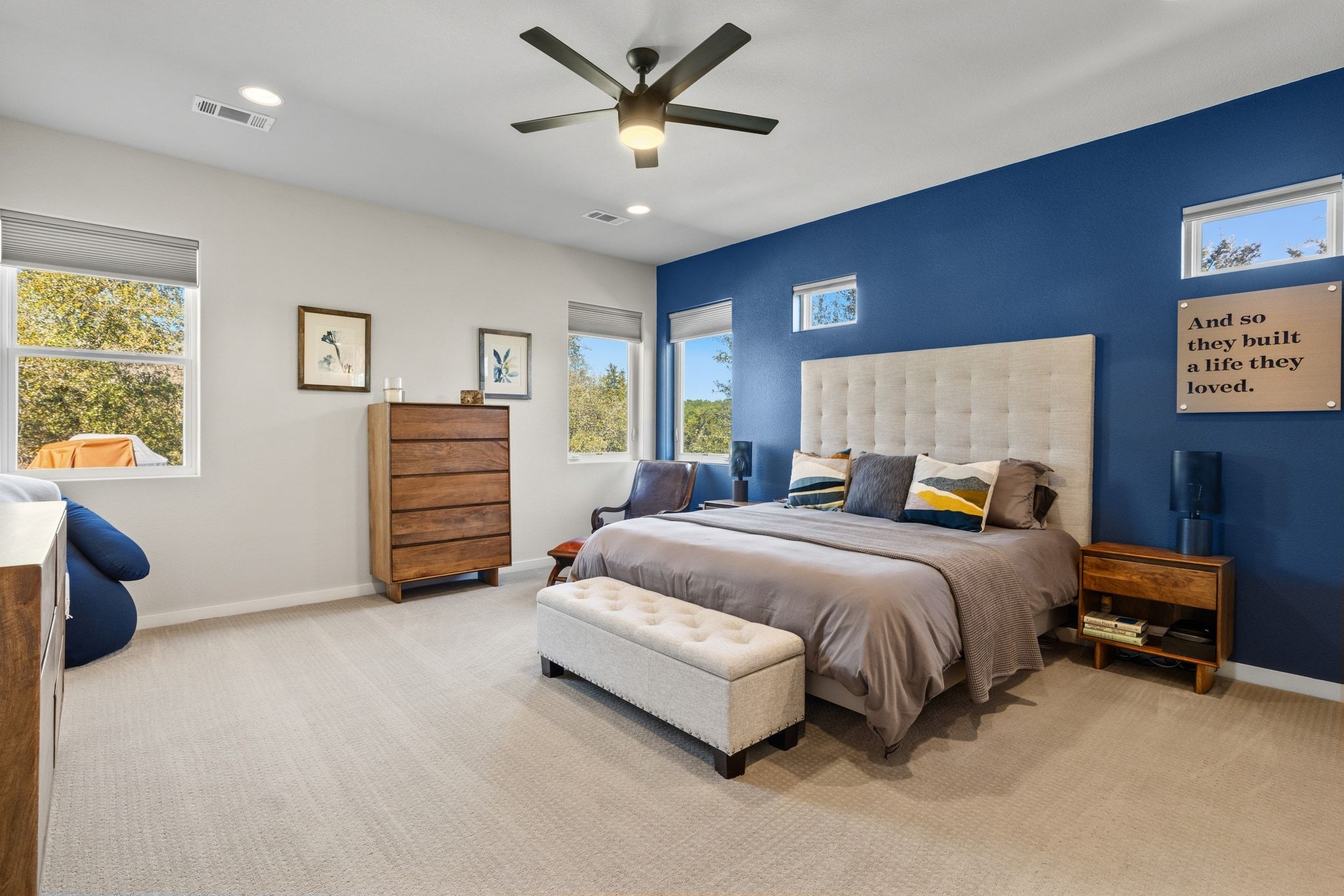 14302 Summit View Drive, Unit 4 Leander, TX 78641 - Photo 12 of 40 Bedroom with light colored carpet, ceiling fan, and recessed lighting