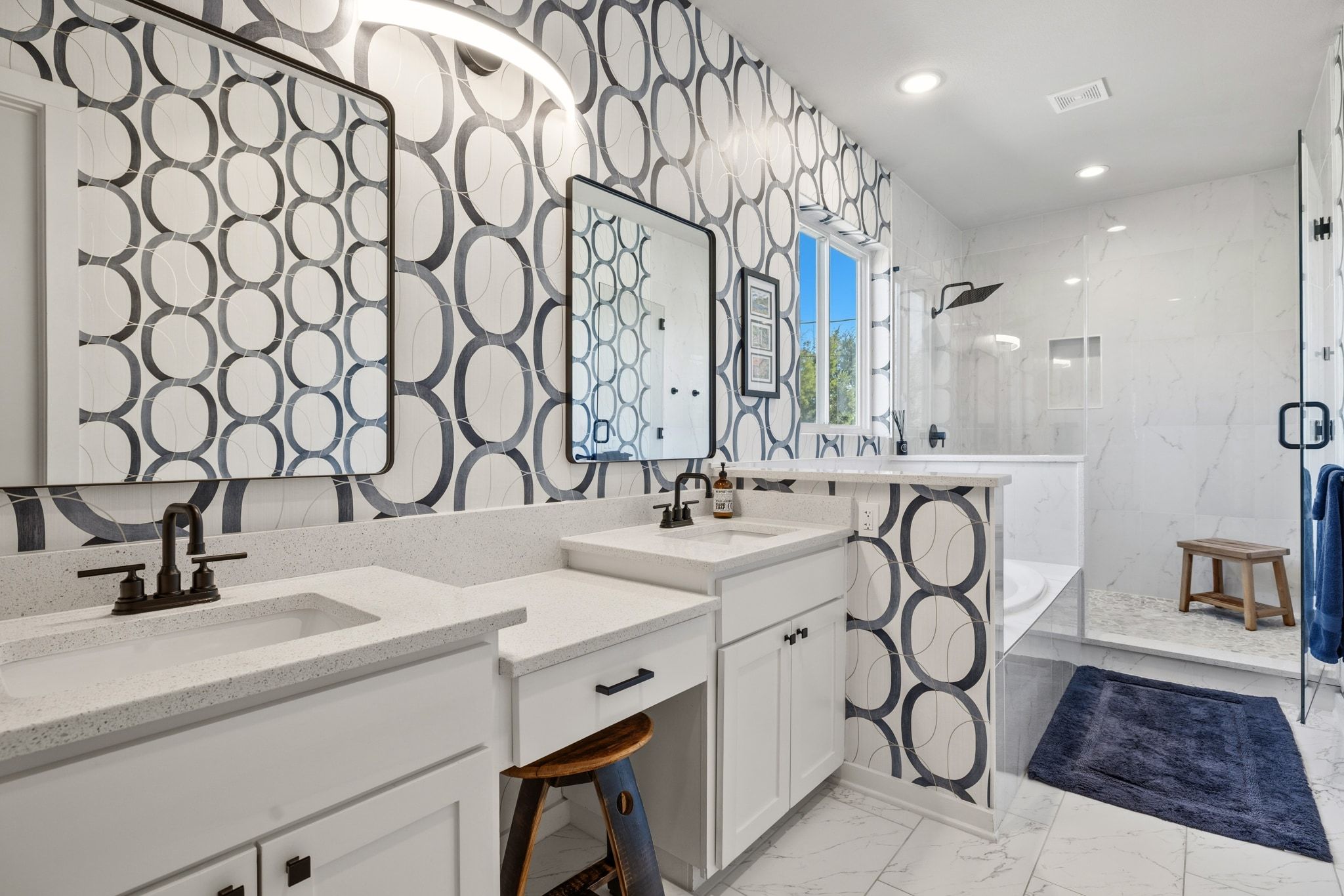14302 Summit View Drive, Unit 4 Leander, TX 78641 - Photo 13 of 40 Bathroom featuring a marble finish shower, double vanity, light marble finish flooring, and recessed lighting