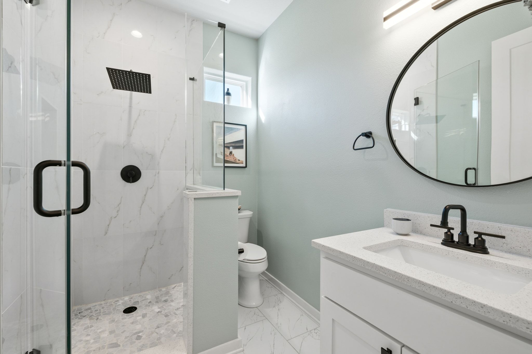 14302 Summit View Drive, Unit 4 Leander, TX 78641 - Photo 19 of 40 Full bathroom featuring light marble finish floors, vanity, and a marble finish shower